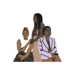 Drawing of three people, one is standing and two are sitting