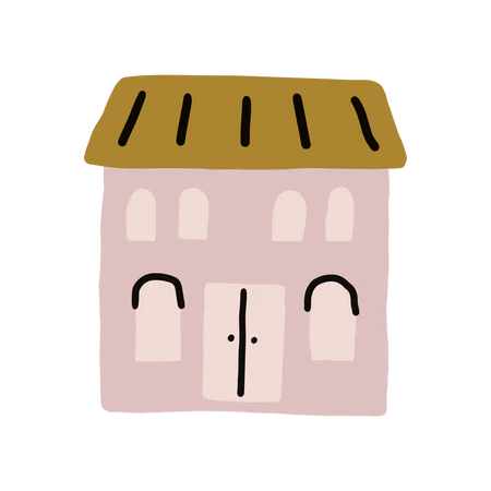 Drawing of a building with a door, two stories, and a roof. The building is light pink and the roof is light brown