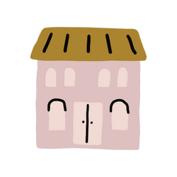 Drawing of a building with a door, two stories, and a roof. The building is light pink and the roof is light brown