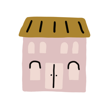 Drawing of a building with a door, two stories, and a roof. The building is light pink and the roof is light brown