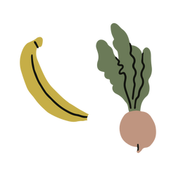 A drawing of a banana and a radish